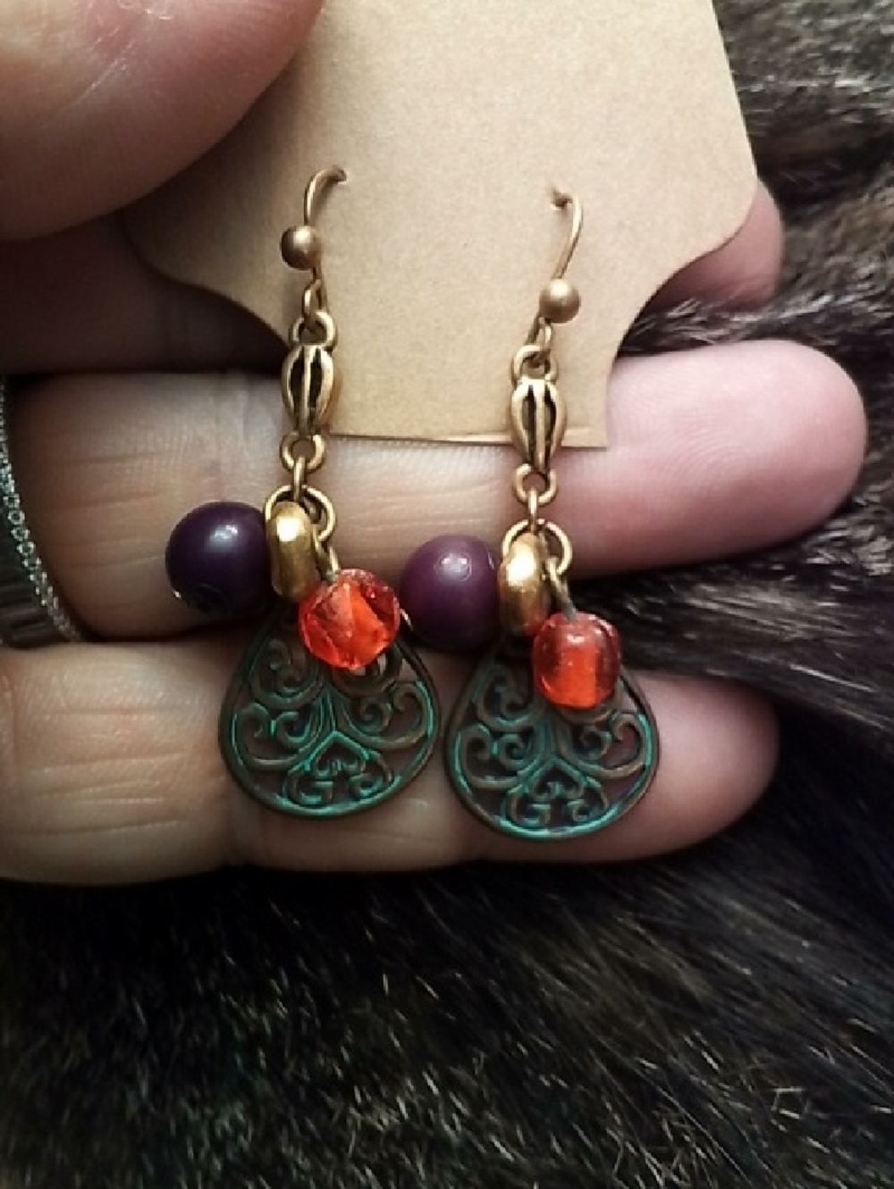 Boho antique Brass Filigree Drop Earrings with Purple and Orange Beads